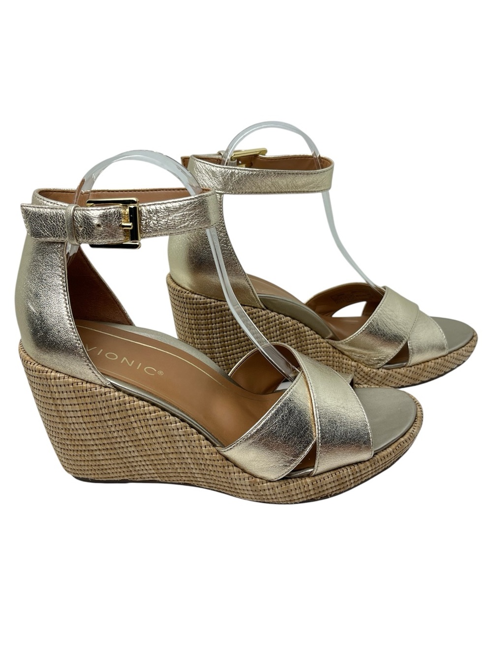Vionic Marina Gold Metallic Leather Cross Over Strap Platform Wedge Sandals